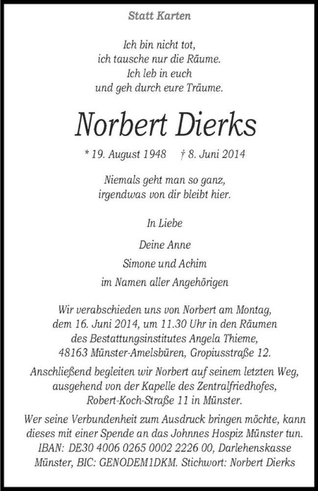  Traueranzeige für Norbert Dierks vom 11.06.2014 aus Westfälische Nachrichten