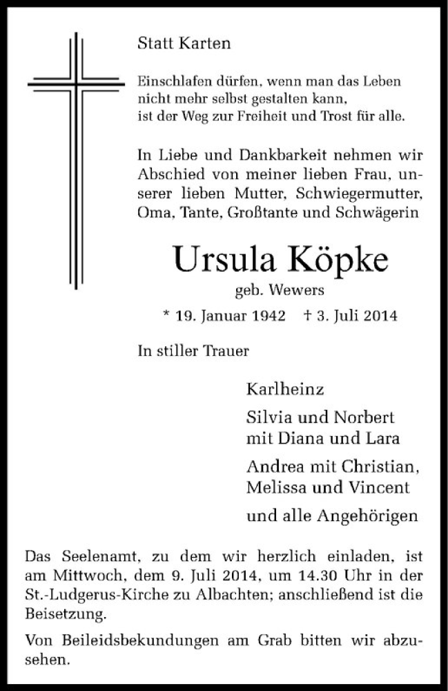  Traueranzeige für Ursula Köpke vom 05.07.2014 aus Westfälische Nachrichten