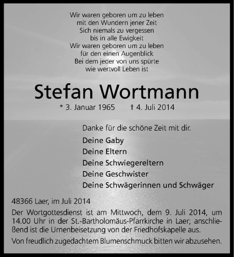 Traueranzeige für Stefan Wortmann vom 07.07.2014 aus Westfälische Nachrichten