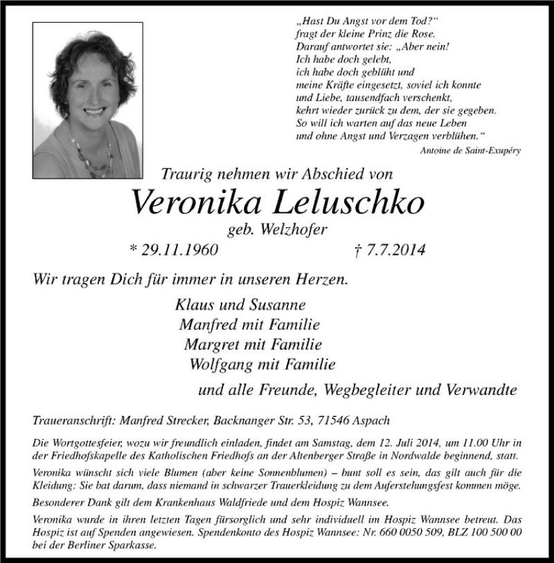  Traueranzeige für Veronika Leluschko vom 09.07.2014 aus Westfälische Nachrichten