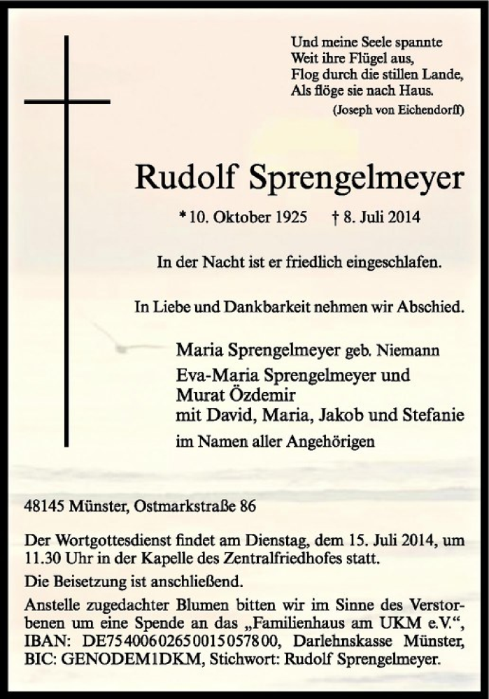  Traueranzeige für Rudolf Sprengelmeyer vom 12.07.2014 aus Westfälische Nachrichten