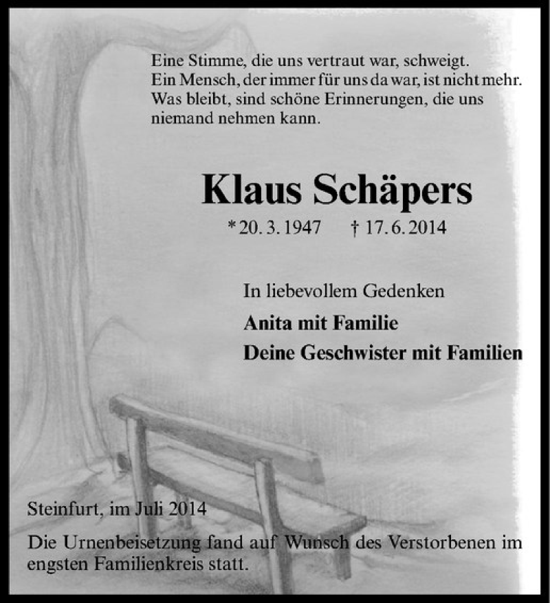  Traueranzeige für Klaus Schäpers vom 19.07.2014 aus Westfälische Nachrichten