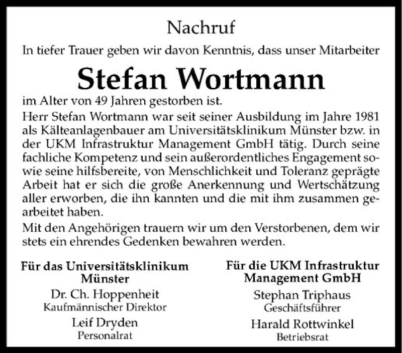  Traueranzeige für Stefan Wortmann vom 16.07.2014 aus Westfälische Nachrichten