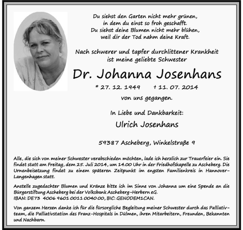 Traueranzeige für Johanna Josenhans vom 18.07.2014 aus Westfälische Nachrichten
