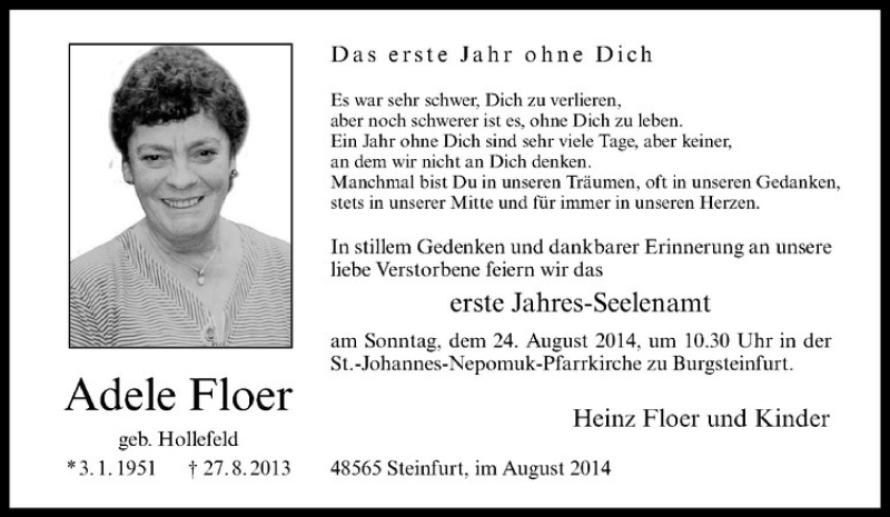  Traueranzeige für Adele Floer vom 20.08.2014 aus Westfälische Nachrichten