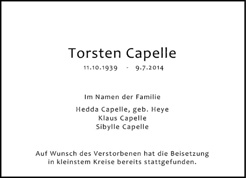  Traueranzeige für Torsten Capelle vom 19.07.2014 aus Westfälische Nachrichten