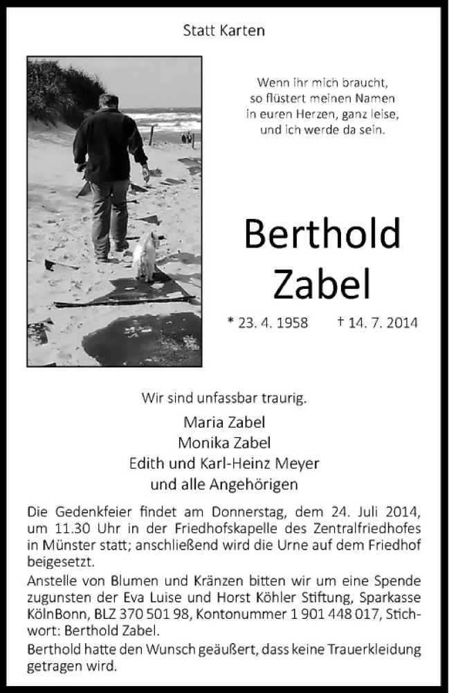  Traueranzeige für Berthold Zabel vom 19.07.2014 aus Westfälische Nachrichten