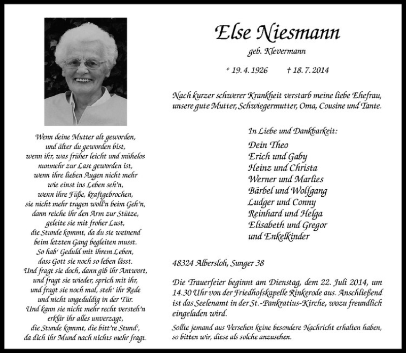  Traueranzeige für Else Niesmann vom 21.07.2014 aus Westfälische Nachrichten