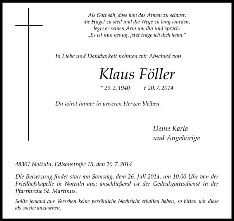  Traueranzeige für Klaus Föller vom 23.07.2014 aus Westfälische Nachrichten