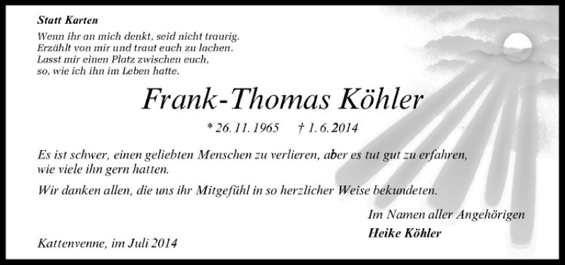  Traueranzeige für Frank Köhler vom 26.07.2014 aus Westfälische Nachrichten