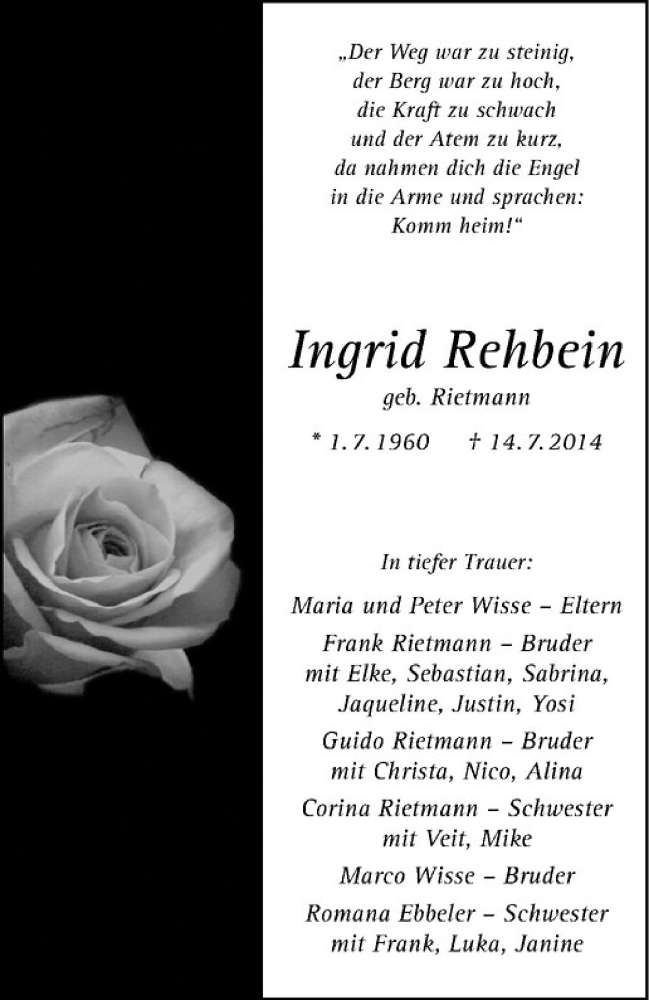  Traueranzeige für Ingrid Rehbein vom 23.07.2014 aus Westfälische Nachrichten