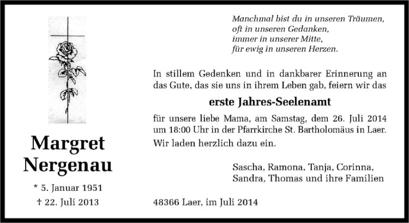  Traueranzeige für Margret Nergenau vom 23.07.2014 aus Westfälische Nachrichten
