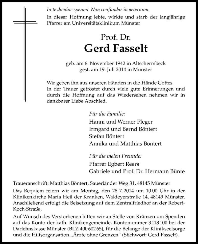  Traueranzeige für Gerd Fasselt vom 24.07.2014 aus Westfälische Nachrichten