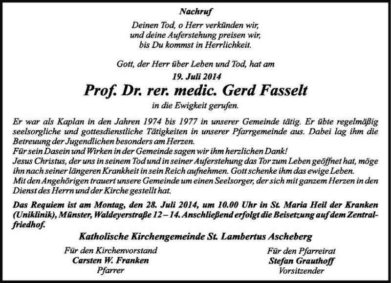  Traueranzeige für Gerd Fasselt vom 24.07.2014 aus Westfälische Nachrichten