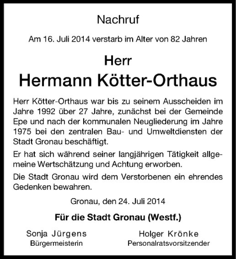  Traueranzeige für Hermann Kötter-Orthaus vom 26.07.2014 aus Westfälische Nachrichten