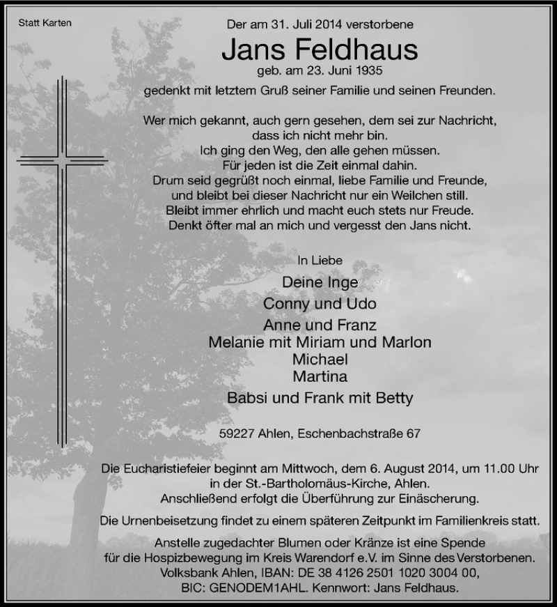  Traueranzeige für Jans Feldhaus vom 02.08.2014 aus Westfälische Nachrichten