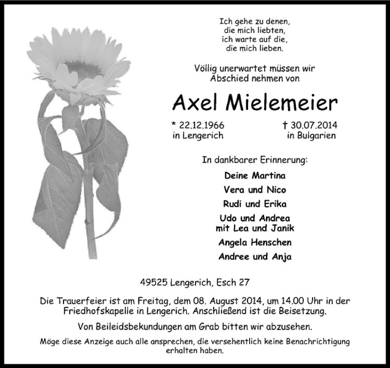  Traueranzeige für Axel Mielemeier vom 06.08.2014 aus Westfälische Nachrichten