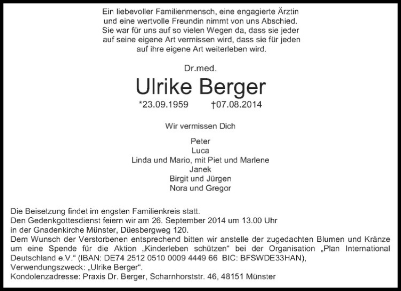  Traueranzeige für Ulrike Berger vom 13.08.2014 aus Westfälische Nachrichten