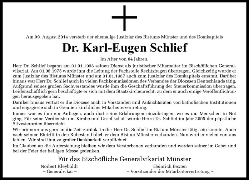  Traueranzeige für Karl-Eugen Schlief vom 13.08.2014 aus Westfälische Nachrichten