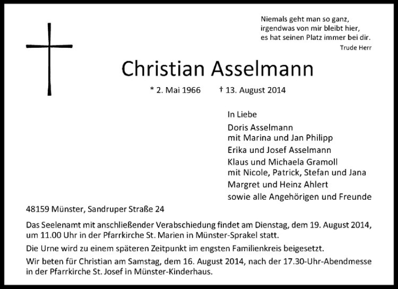  Traueranzeige für Christian Asselmann vom 16.08.2014 aus Westfälische Nachrichten
