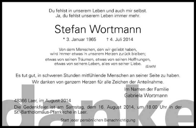  Traueranzeige für Stefan Wortmann vom 16.08.2014 aus Westfälische Nachrichten
