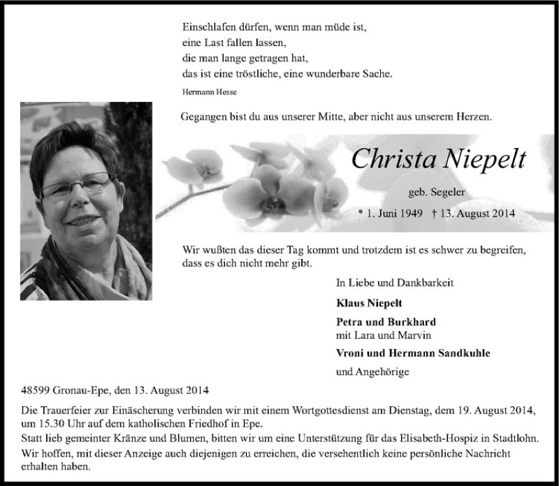  Traueranzeige für Christa Niepelt vom 16.08.2014 aus Westfälische Nachrichten