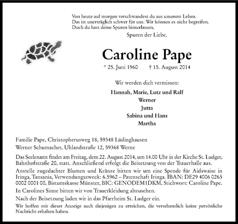  Traueranzeige für Caroline Pape vom 20.08.2014 aus Westfälische Nachrichten