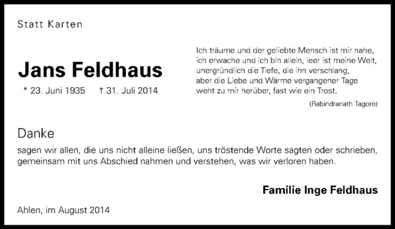  Traueranzeige für Jans Feldhaus vom 23.08.2014 aus Westfälische Nachrichten