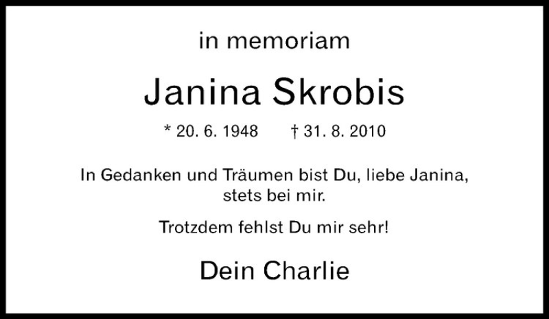  Traueranzeige für Janina Skrobis vom 30.08.2014 aus Westfälische Nachrichten