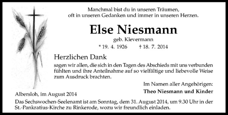  Traueranzeige für Else Niesmann vom 23.08.2014 aus Westfälische Nachrichten