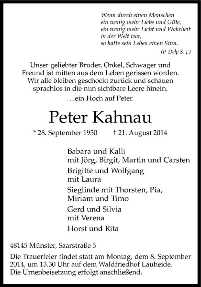  Traueranzeige für Peter Kahnau vom 03.09.2014 aus Westfälische Nachrichten