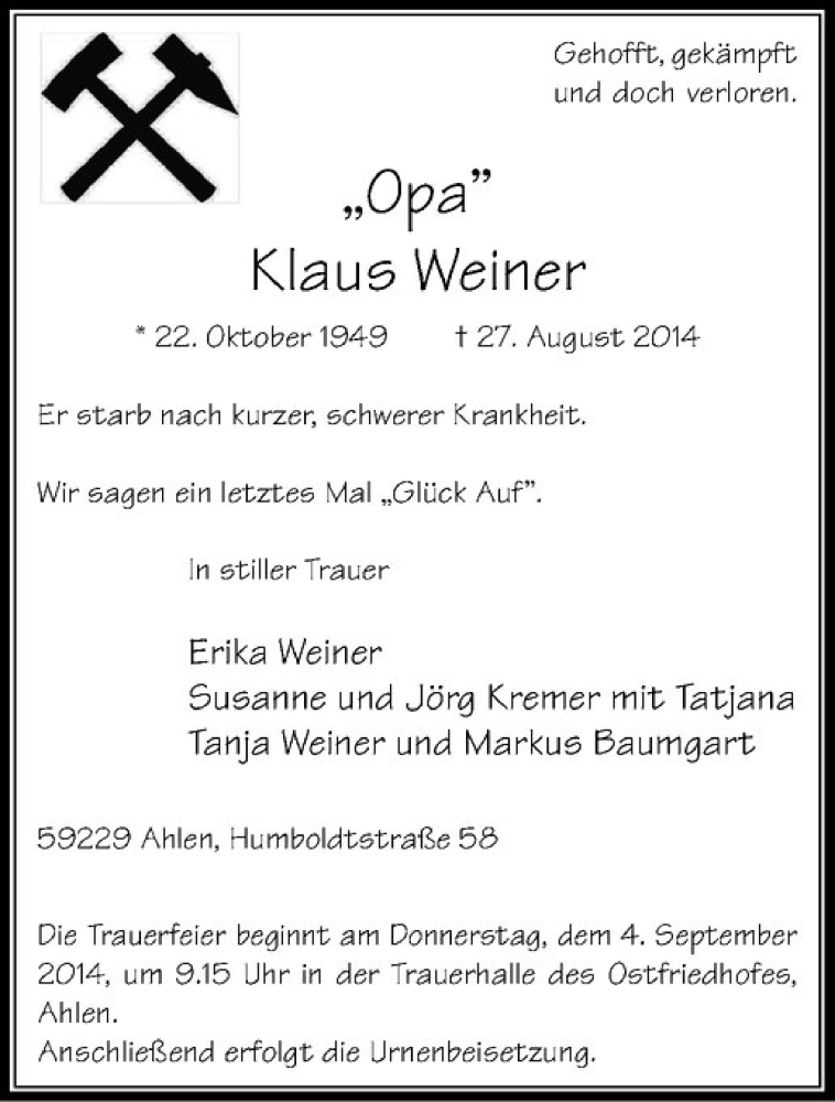  Traueranzeige für Klaus Weiner vom 30.08.2014 aus Westfälische Nachrichten