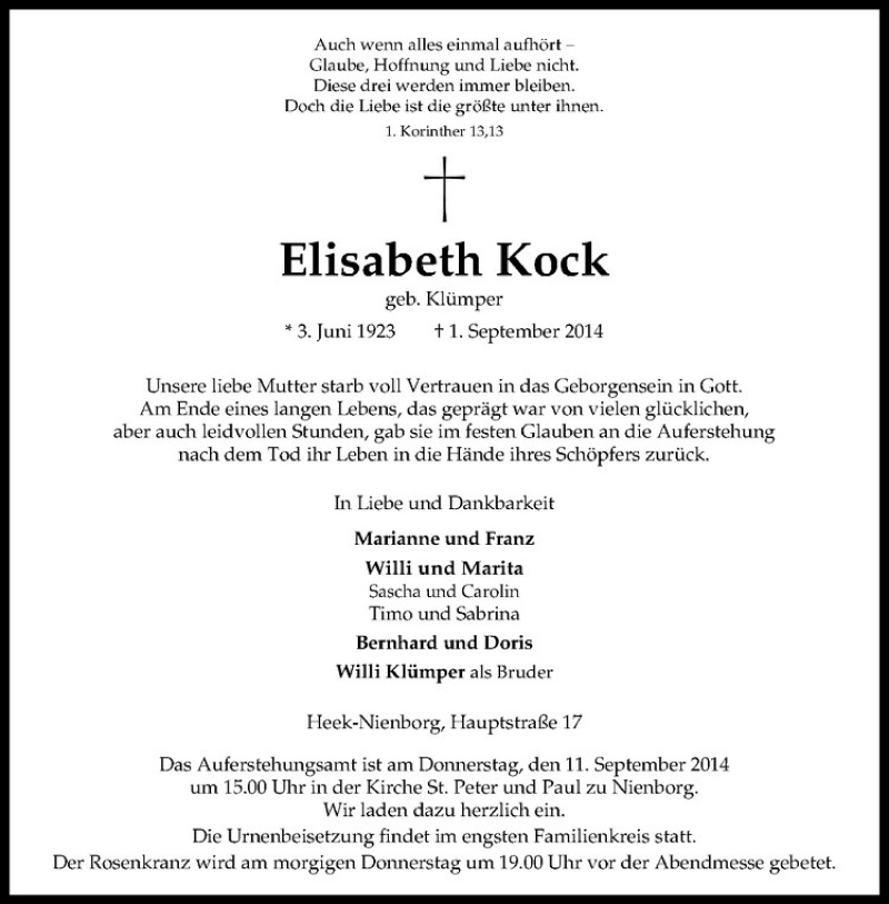  Traueranzeige für Elisabeth Kock vom 03.09.2014 aus Westfälische Nachrichten