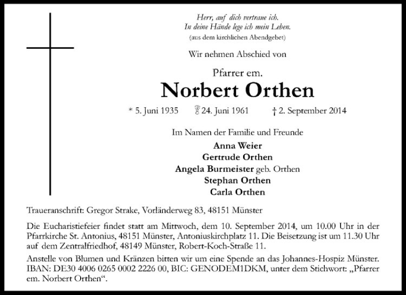  Traueranzeige für Norbert Orthen vom 05.09.2014 aus Westfälische Nachrichten
