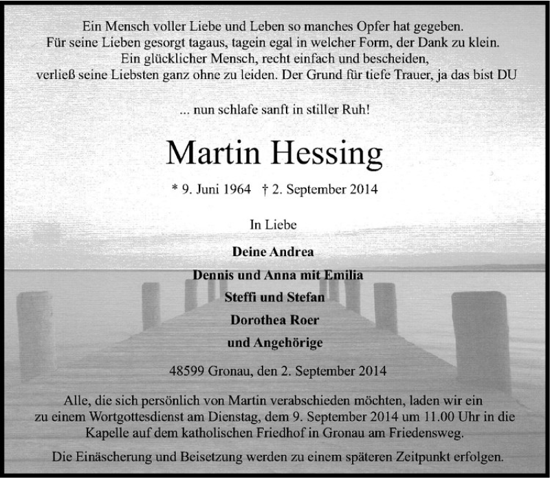  Traueranzeige für Martin Hessing vom 05.09.2014 aus Westfälische Nachrichten