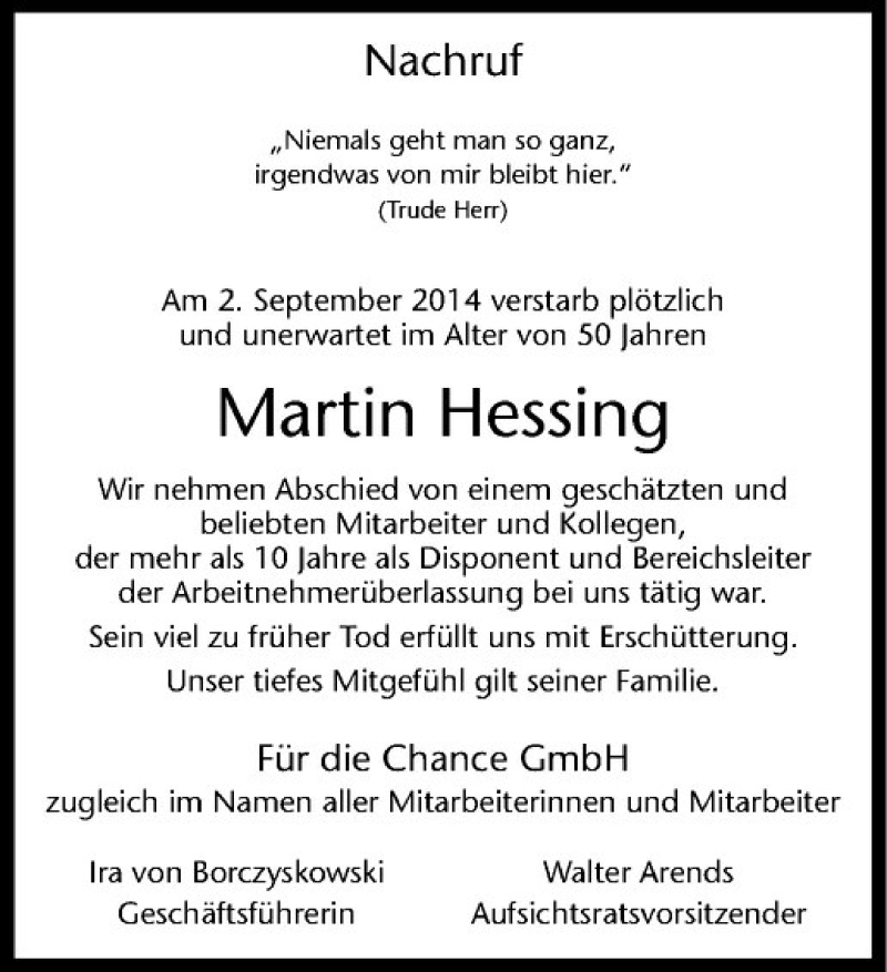  Traueranzeige für Martin Hessing vom 06.09.2014 aus Westfälische Nachrichten