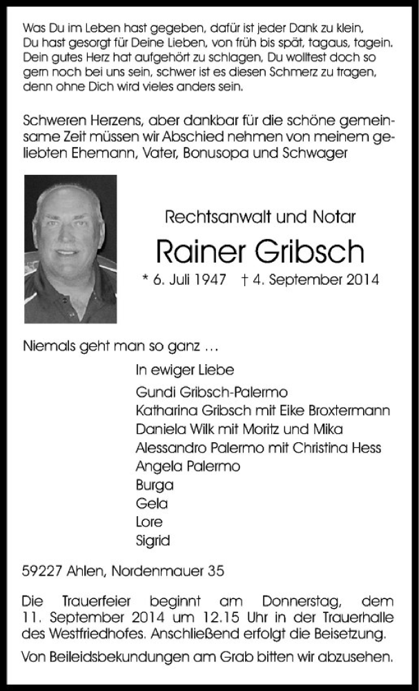  Traueranzeige für Rainer Gribsch vom 09.09.2014 aus Westfälische Nachrichten