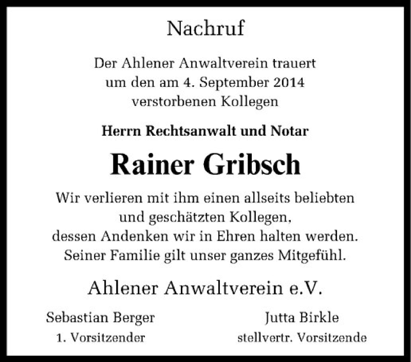  Traueranzeige für Rainer Gribsch vom 11.09.2014 aus Westfälische Nachrichten