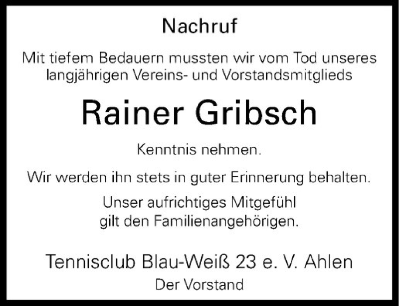  Traueranzeige für Rainer Gribsch vom 11.09.2014 aus Westfälische Nachrichten