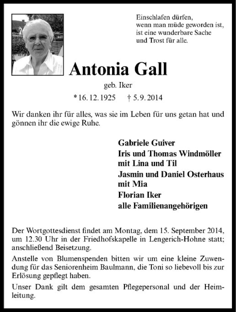  Traueranzeige für Antonia Gall vom 12.09.2014 aus Westfälische Nachrichten