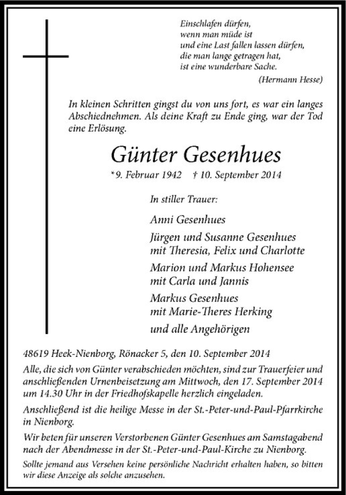  Traueranzeige für Günter Gesenhues vom 13.09.2014 aus Westfälische Nachrichten