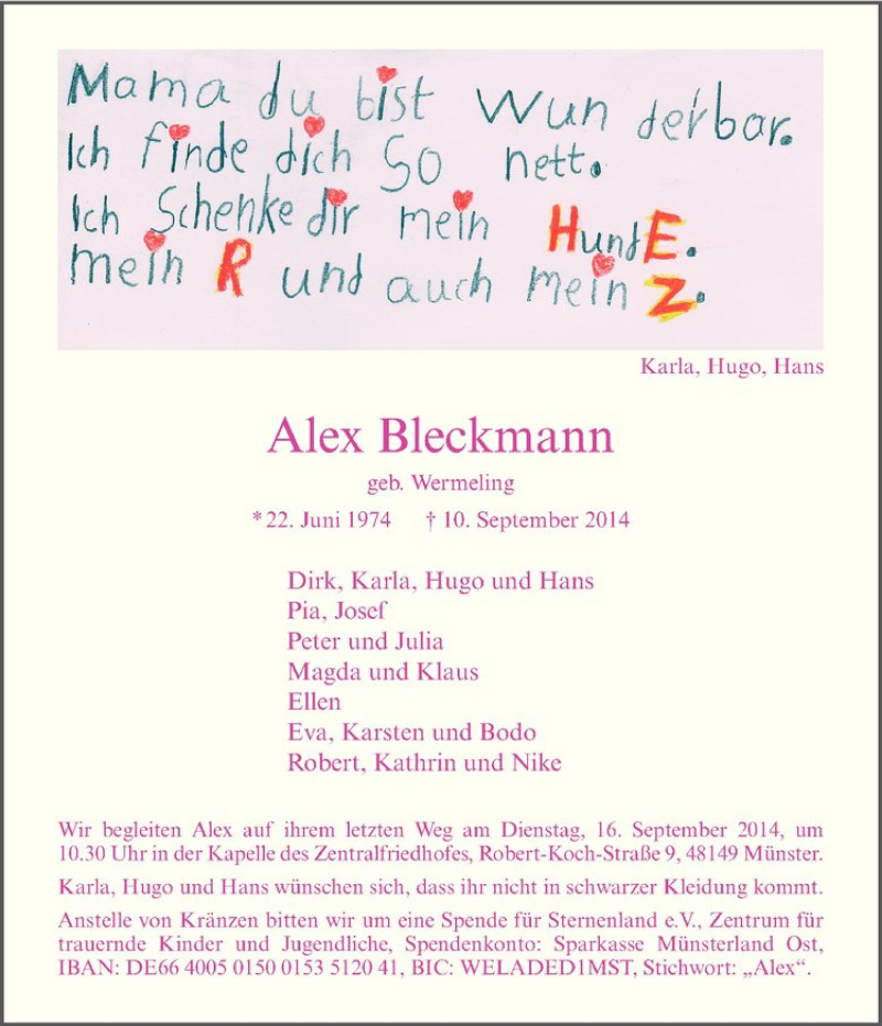  Traueranzeige für Alex Bleckmann vom 13.09.2014 aus Westfälische Nachrichten