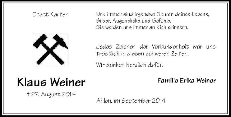  Traueranzeige für Klaus Weiner vom 27.09.2014 aus Westfälische Nachrichten