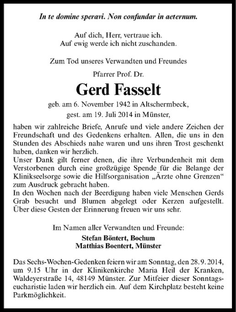  Traueranzeige für Gerd Fasselt vom 24.09.2014 aus Westfälische Nachrichten