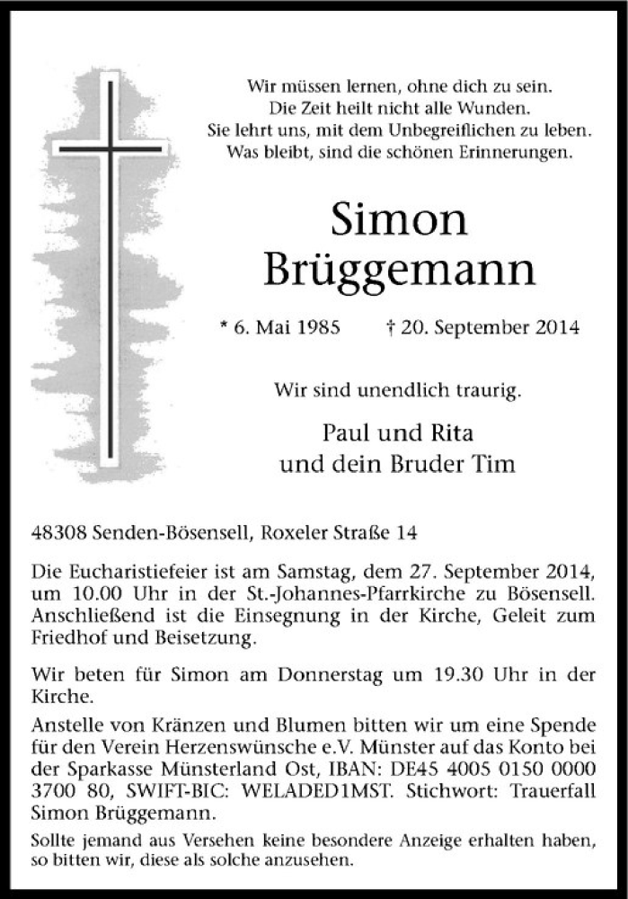  Traueranzeige für Simon Brüggemann vom 24.09.2014 aus Westfälische Nachrichten