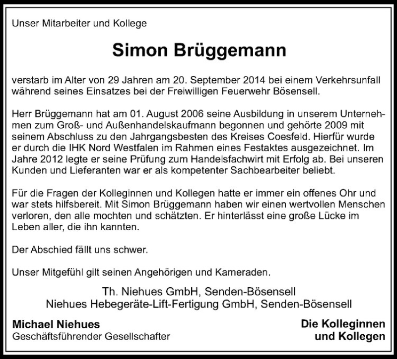  Traueranzeige für Simon Brüggemann vom 25.09.2014 aus Westfälische Nachrichten