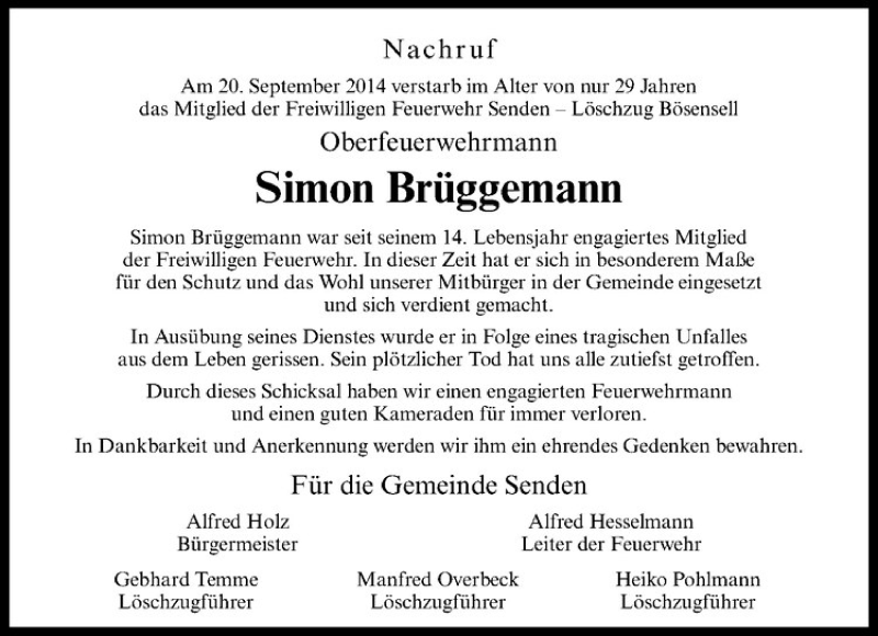  Traueranzeige für Simon Brüggemann vom 27.09.2014 aus Westfälische Nachrichten