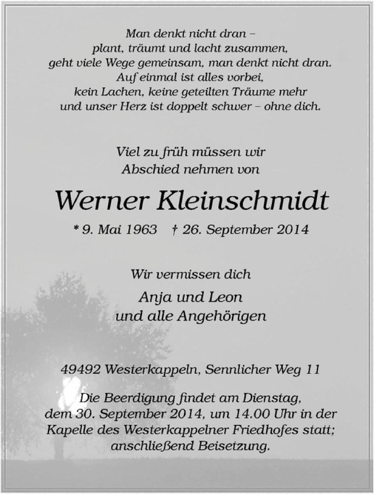  Traueranzeige für Werner Kleinschmidt vom 29.09.2014 aus Westfälische Nachrichten