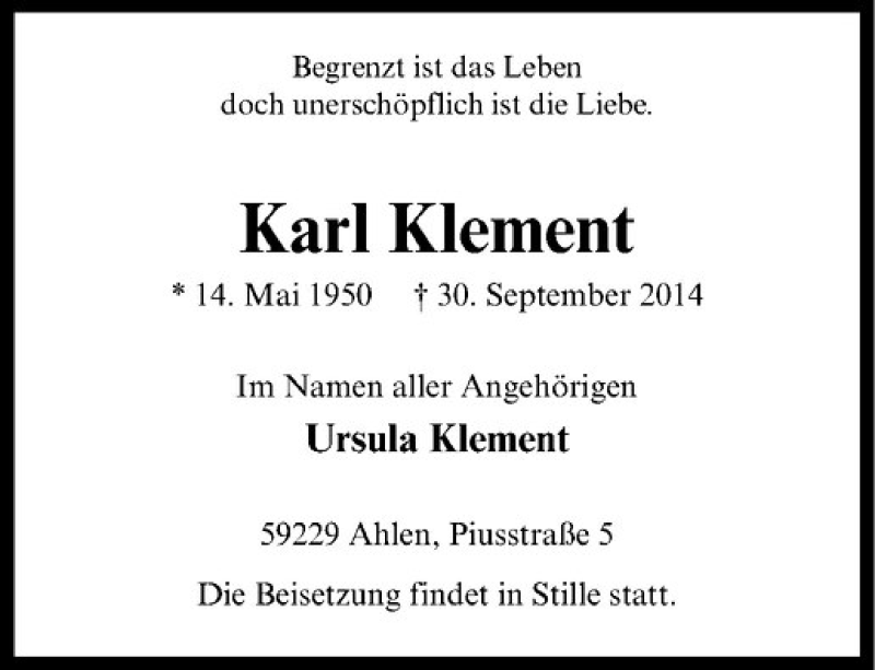  Traueranzeige für Karl Klement vom 04.10.2014 aus Westfälische Nachrichten