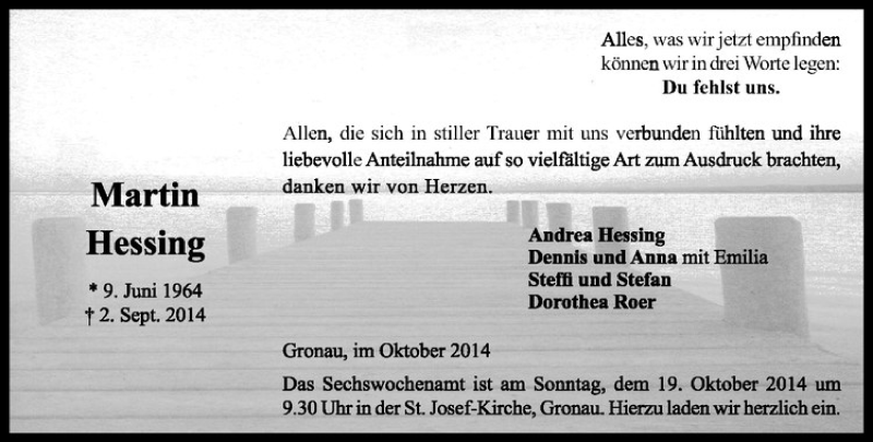  Traueranzeige für Martin Hessing vom 15.10.2014 aus Westfälische Nachrichten